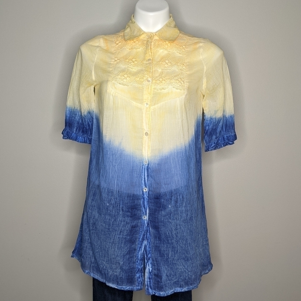 Shana K blue yellow embroidered button up blouse top S